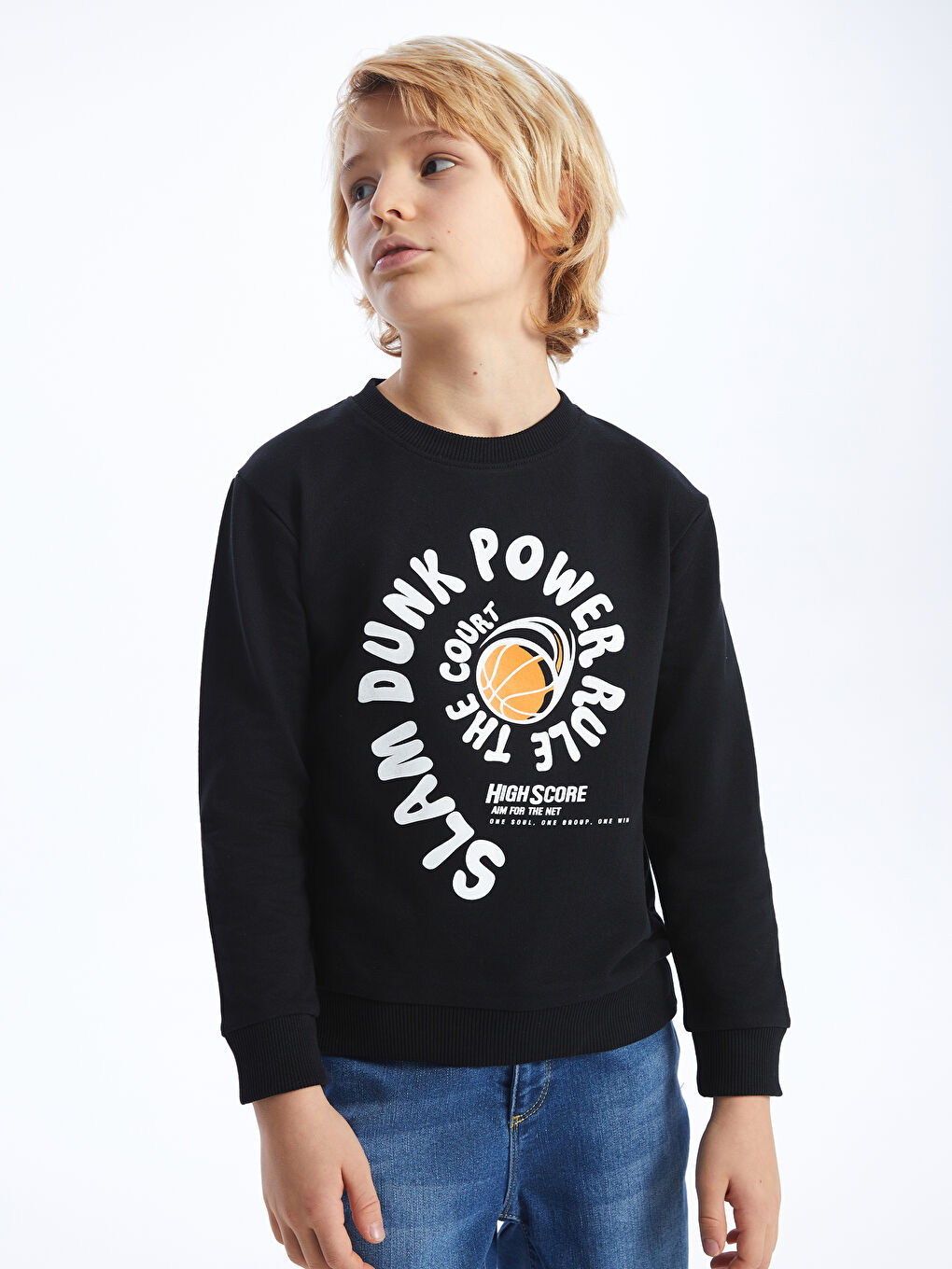 LCW Kids Yeni Siyah Bisiklet Yaka Baskılı Uzun Kollu Erkek Çocuk Sweatshirt