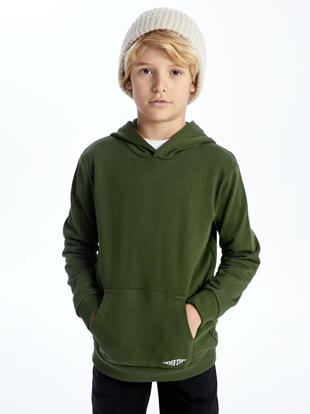 LCW Kids Orta Yeşil Basic Uzun Kollu Erkek Çocuk Hoodie