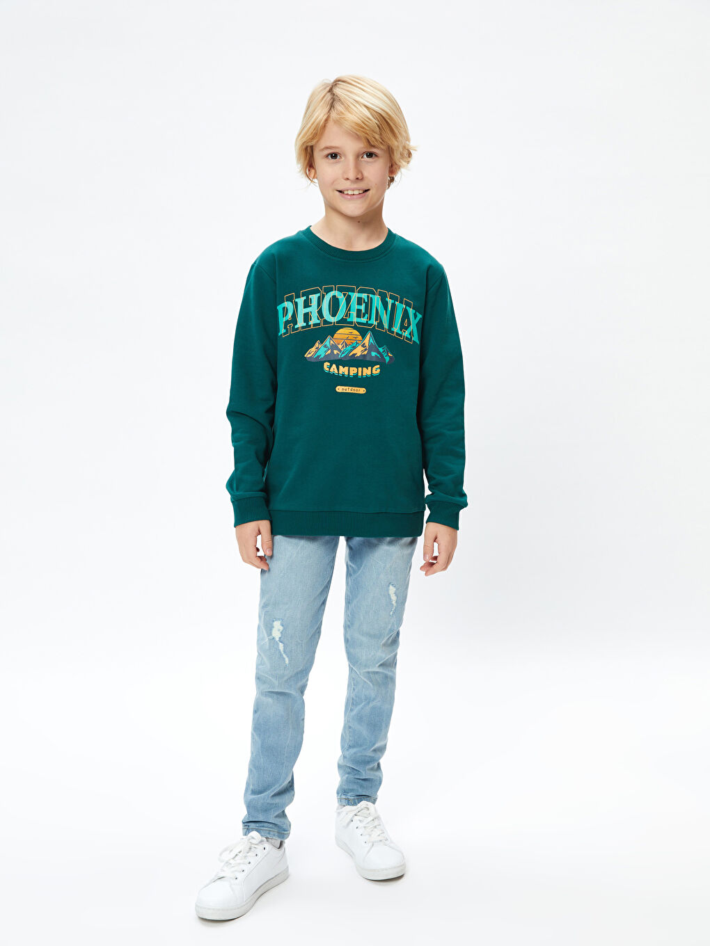 LCW Kids Koyu Yeşil Bisiklet Yaka Baskılı Uzun Kollu Erkek Çocuk Sweatshirt - 1