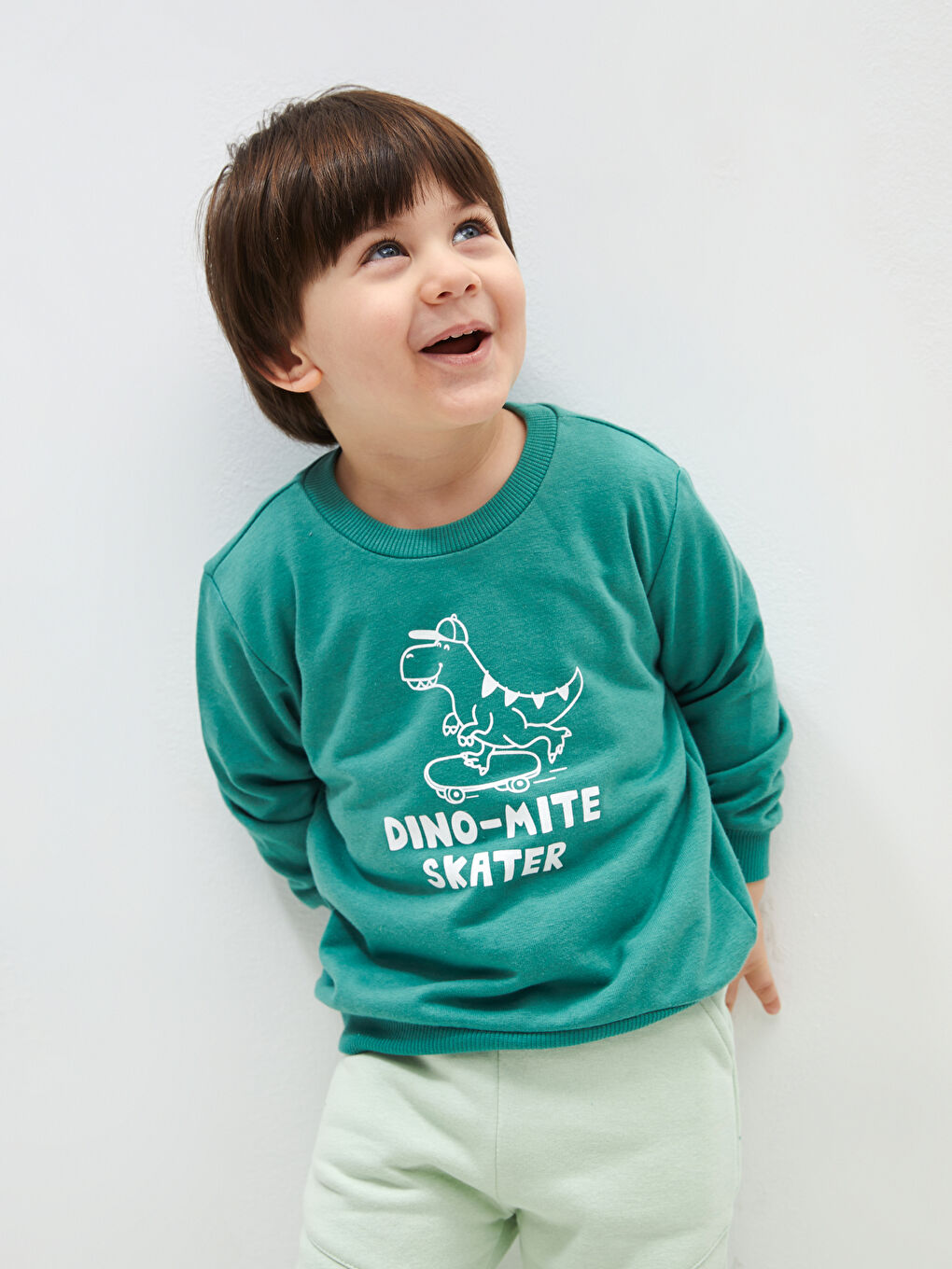 LCW baby Mat Yeşil Bisiklet Yaka Uzun Kollu Baskılı Erkek Bebek Sweatshirt