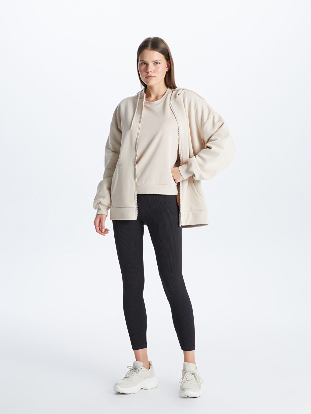 Xside Active Bej Kapüşonlu Oversize Kadın Fermuarlı Sweatshirt - 2