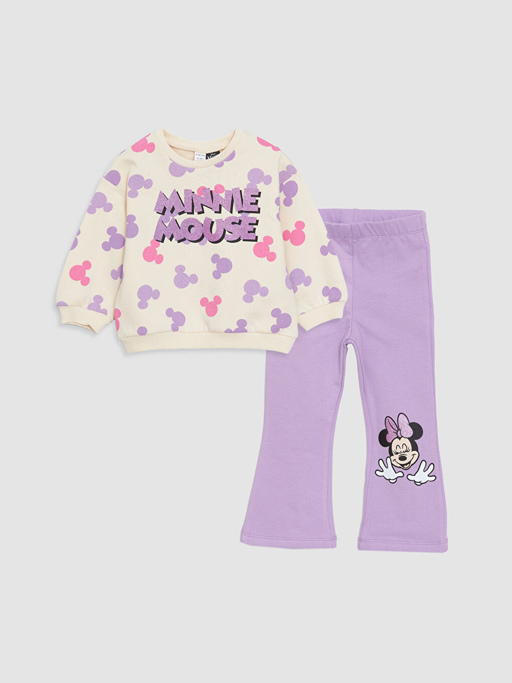 Crew Neck Long Sleeve Minnie Mouse Printed Baby Girls' Sweatshirt and Tights 2 Pack Set