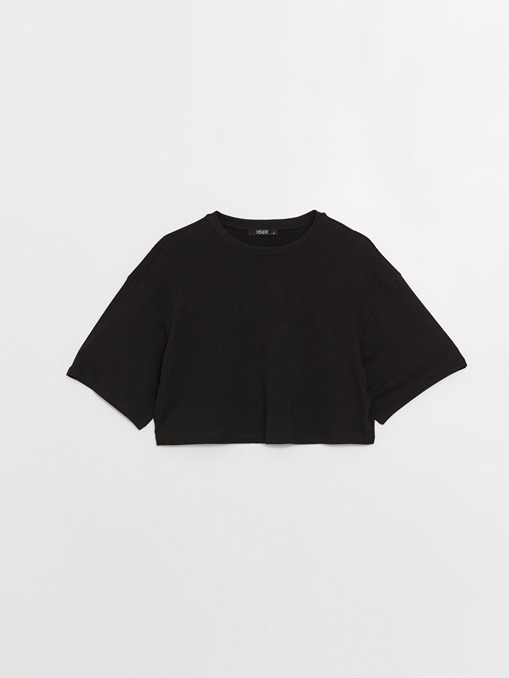 Siyah Bisiklet Yaka Düz Kısa Kollu Kadın Crop-5