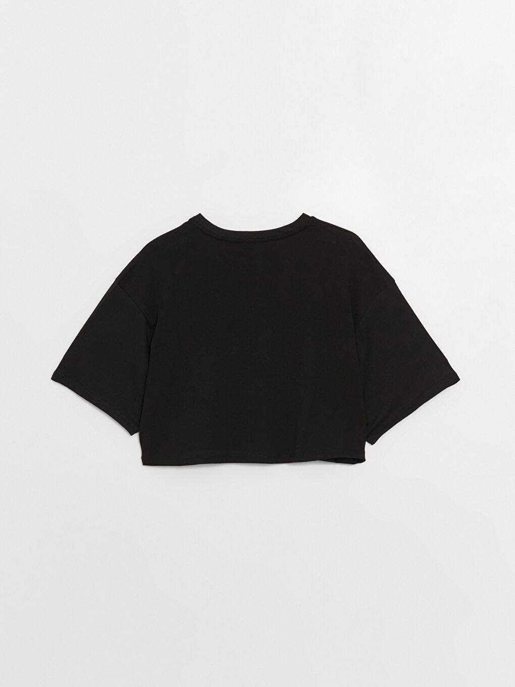 Siyah Bisiklet Yaka Düz Kısa Kollu Kadın Crop-6