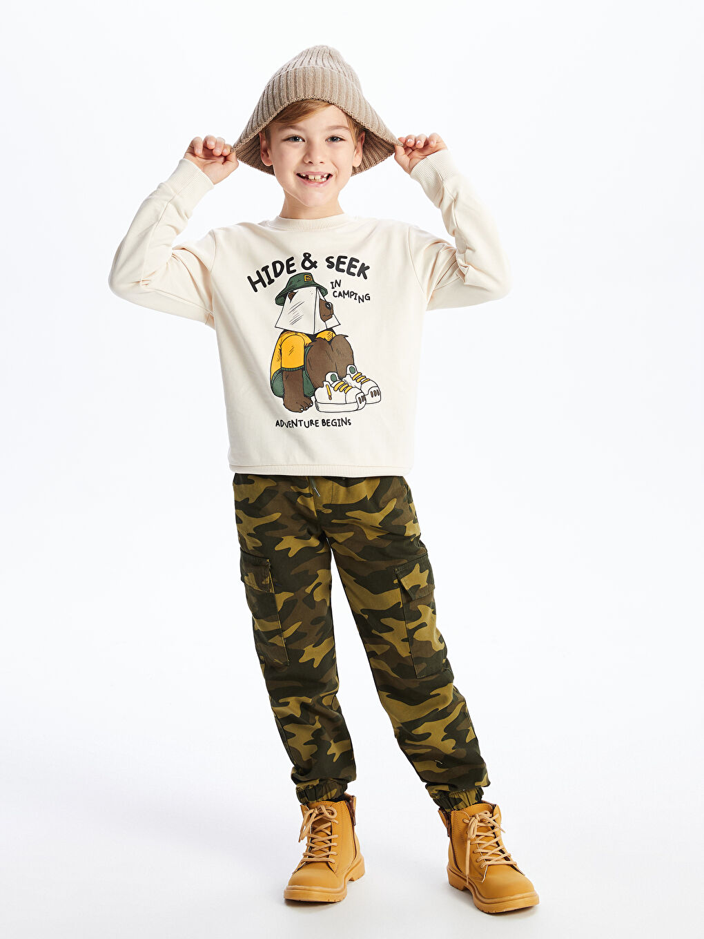 Haki Beli Lastikli Kamuflaj Desenli Erkek Çocuk Kargo Pantolon-1