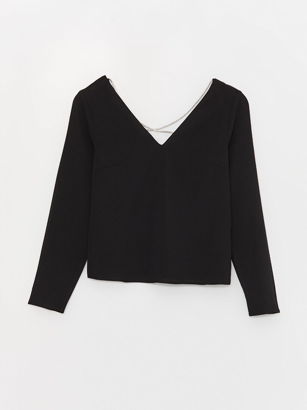 Siyah V Yaka Düz Uzun Kollu Kadın Bluz-5