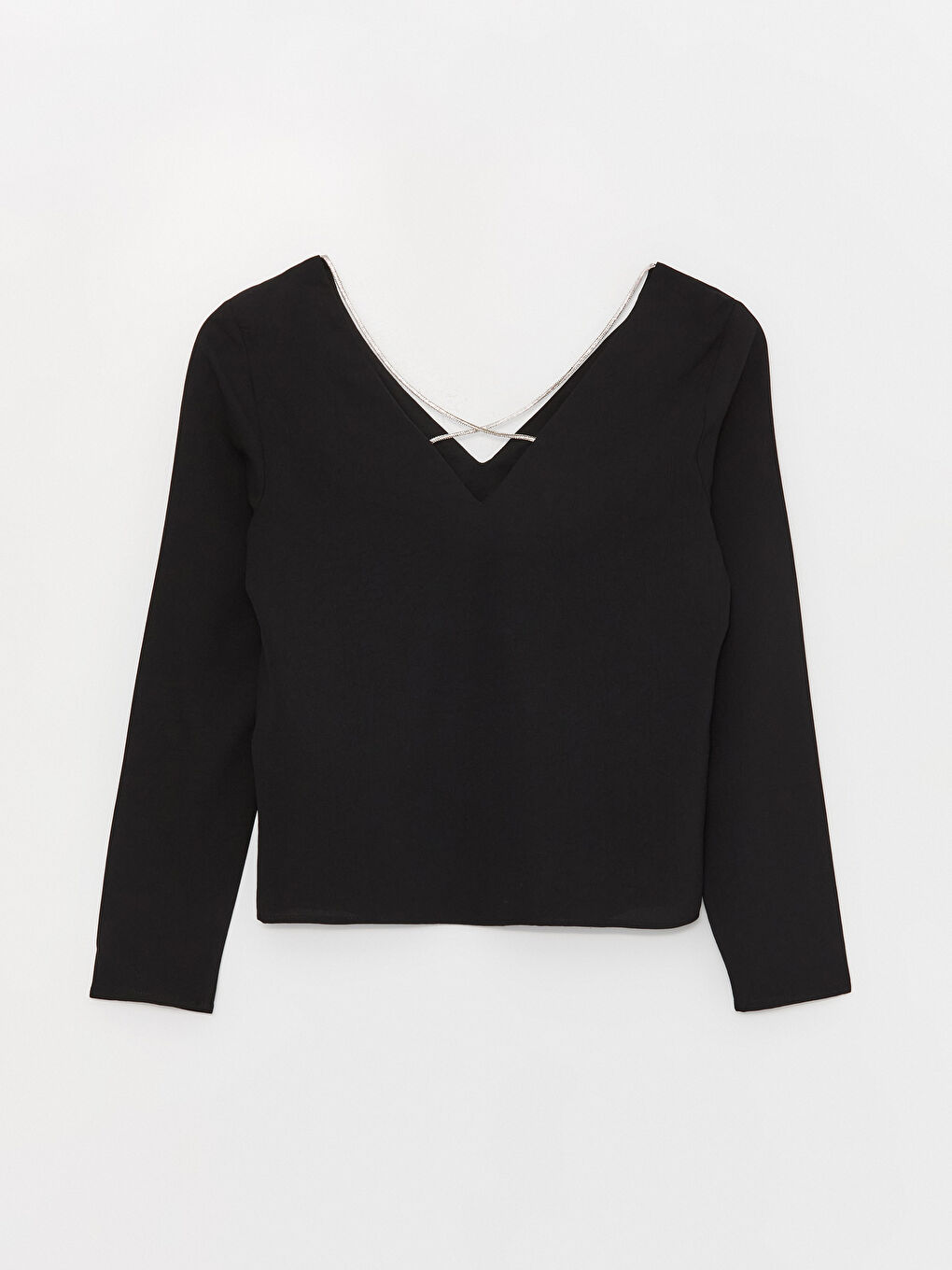 Siyah V Yaka Düz Uzun Kollu Kadın Bluz-6