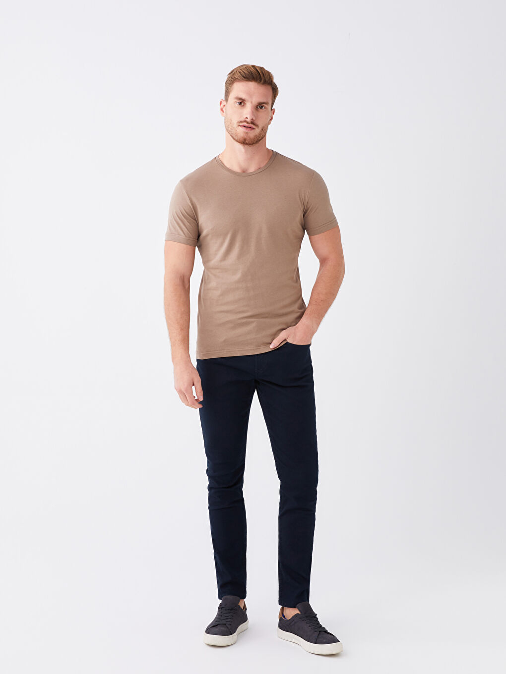 Kahverengi Bisiklet Yaka Penye Erkek Tişört-1