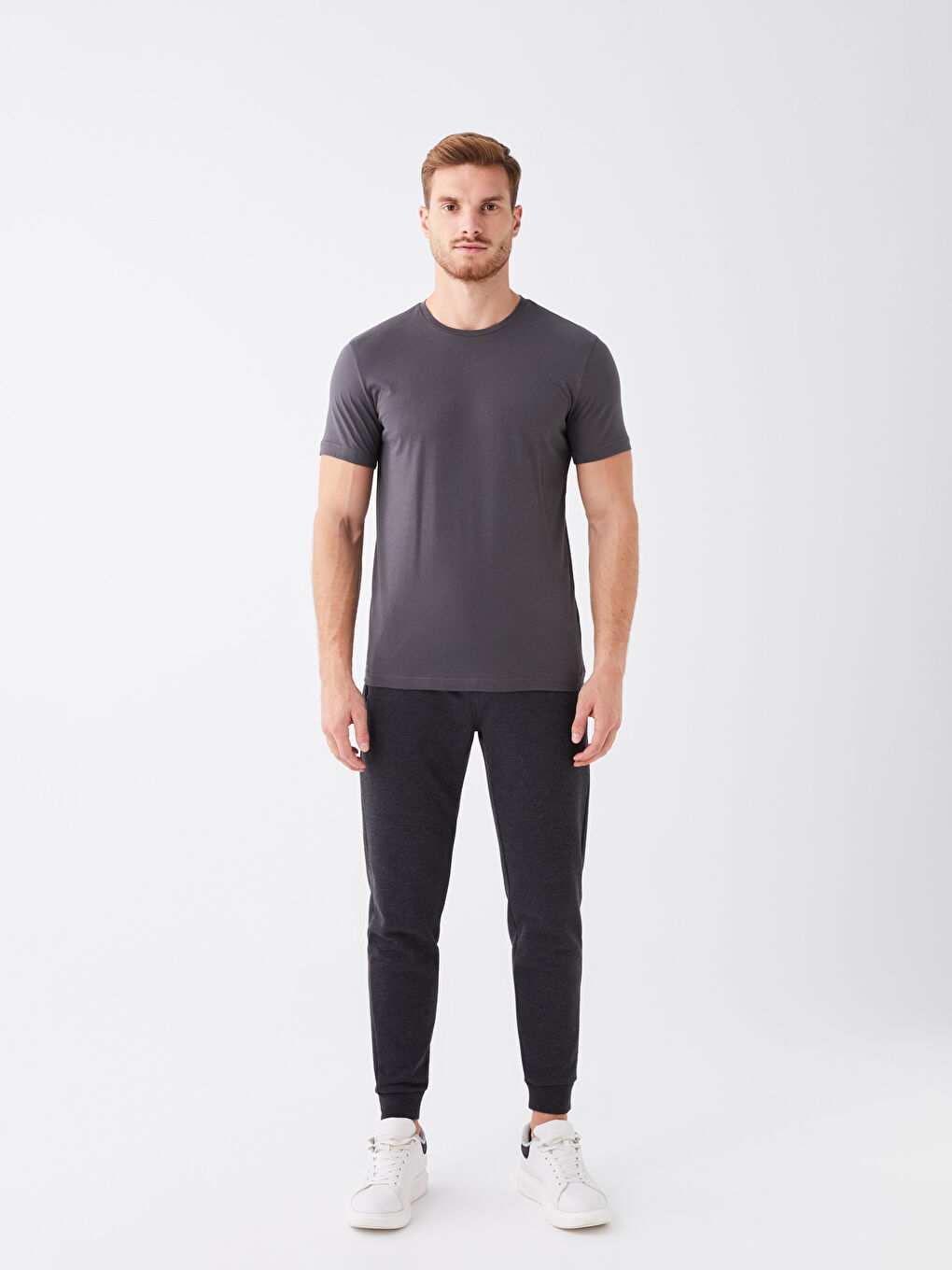 Antrasit Bisiklet Yaka Kısa Kollu Erkek Tişört-1