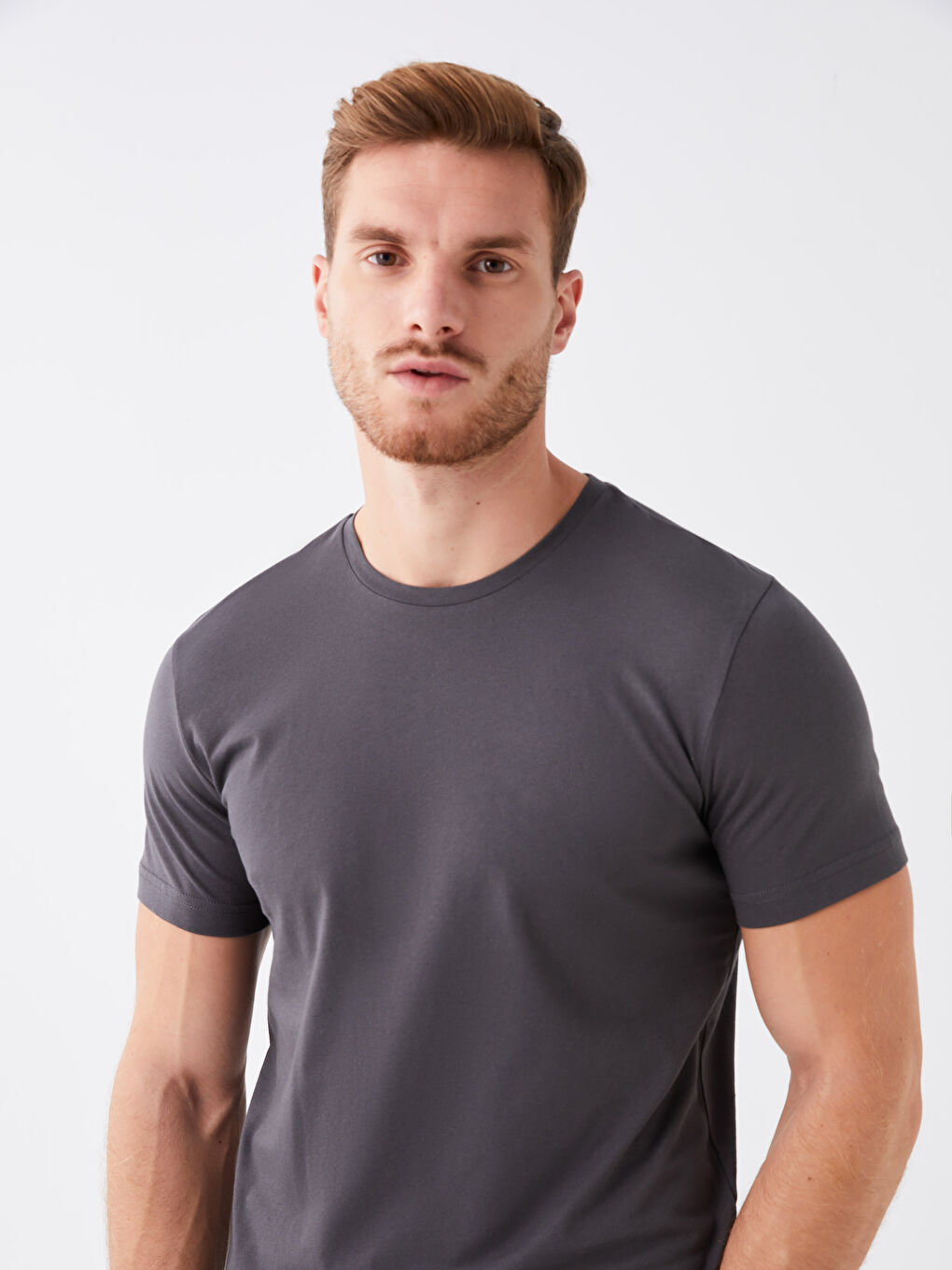 Antrasit Bisiklet Yaka Kısa Kollu Erkek Tişört-2