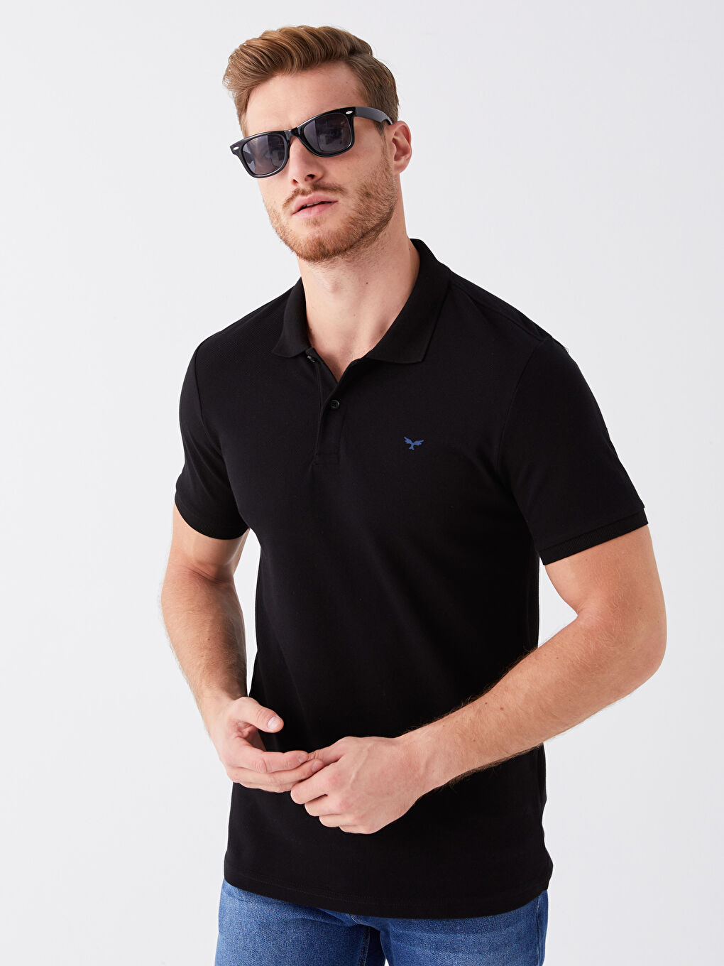 Siyah Polo Yaka Kısa Kollu Pike Erkek Tişört-1