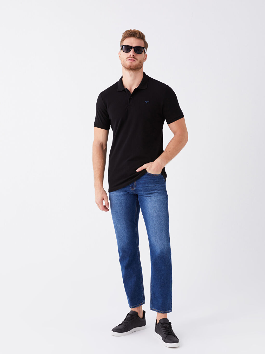 Siyah Polo Yaka Kısa Kollu Pike Erkek Tişört-2