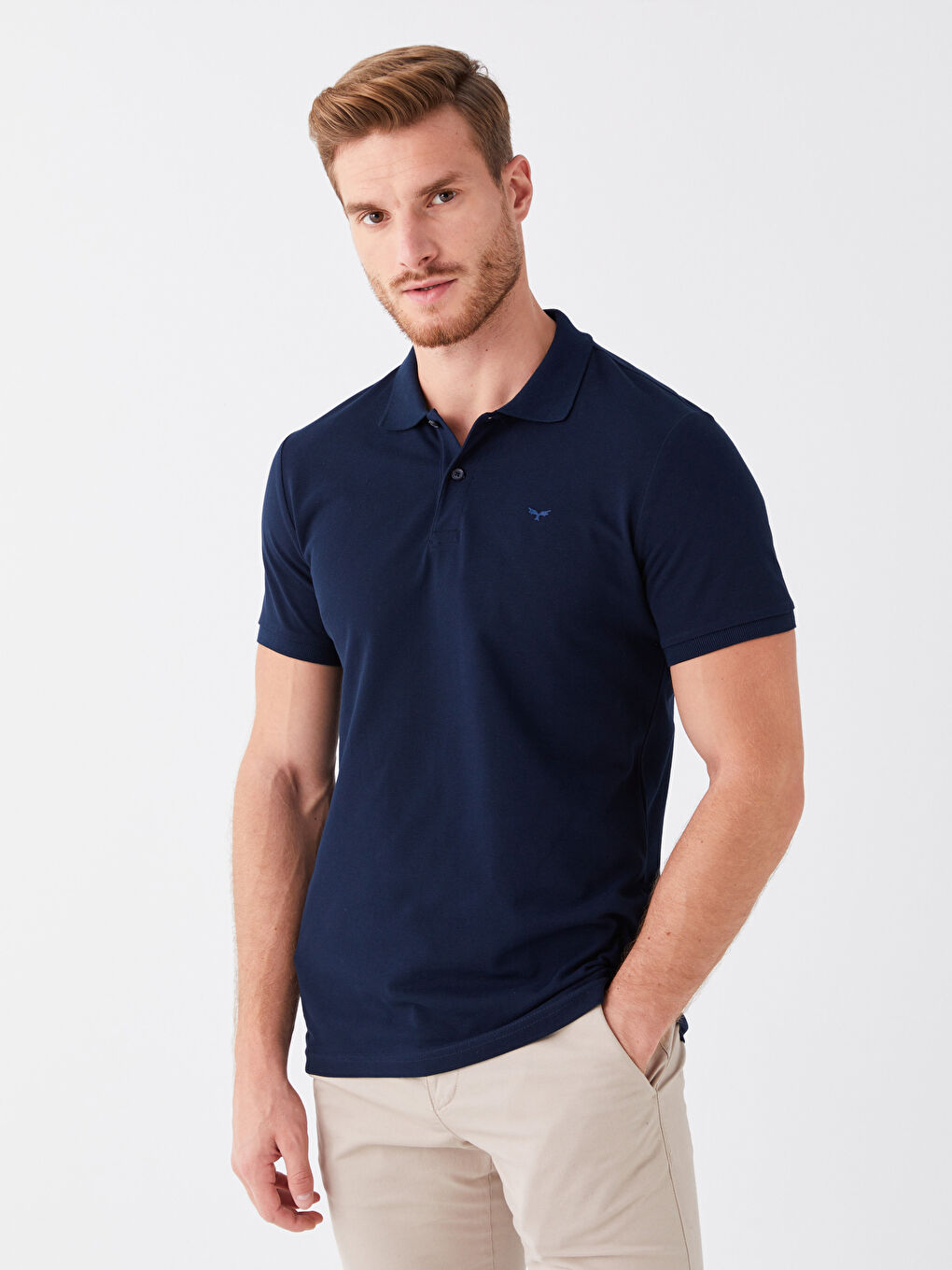 Lacivert Polo Yaka Kısa Kollu Pike Erkek Tişört-1