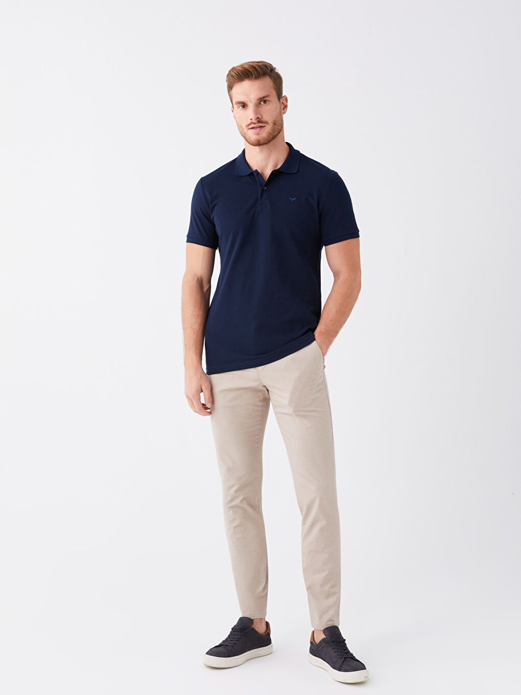 Lacivert Polo Yaka Kısa Kollu Pike Erkek Tişört-2