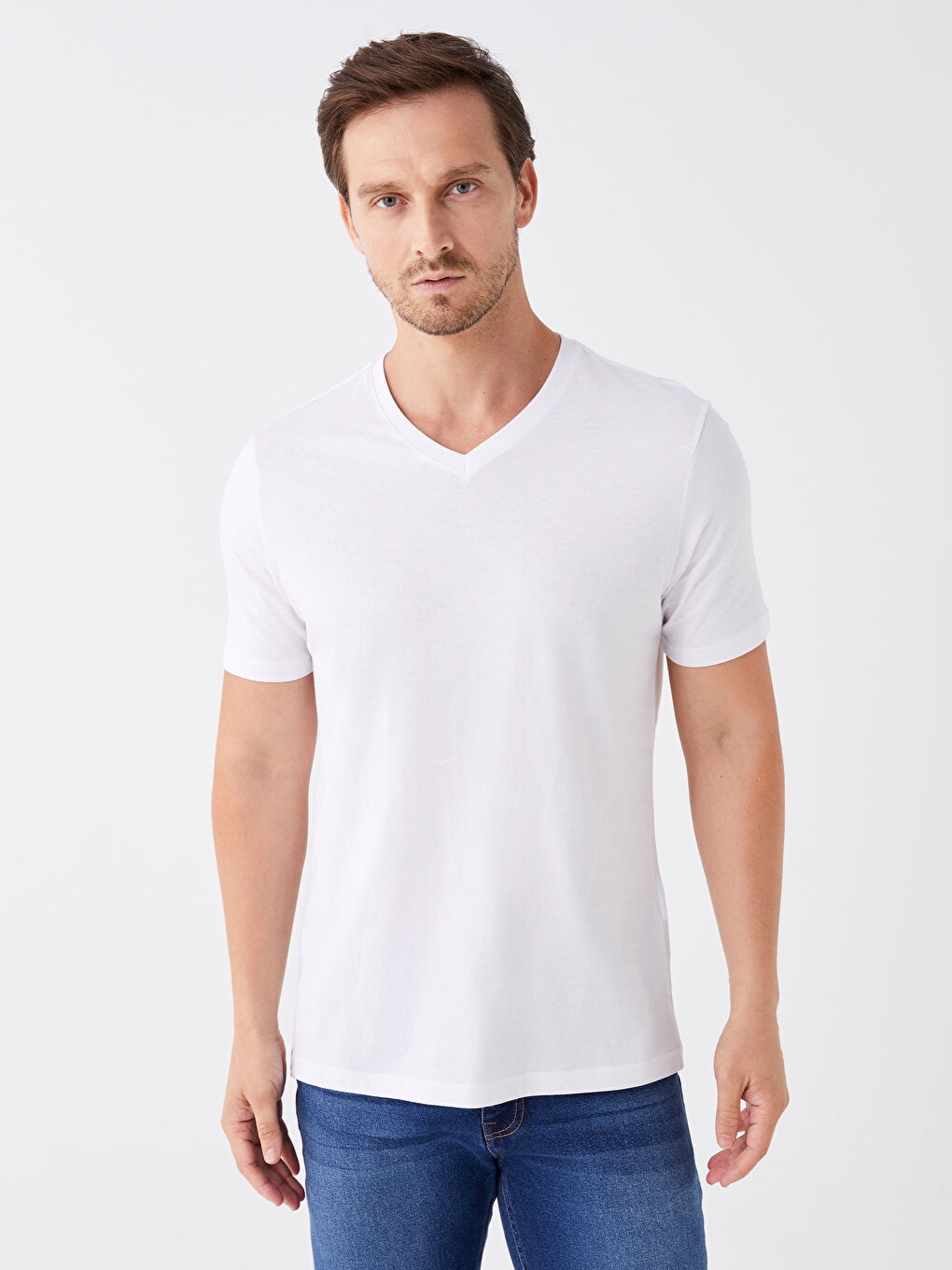 Beyaz V Yaka Kısa Kollu Penye Erkek Tişört