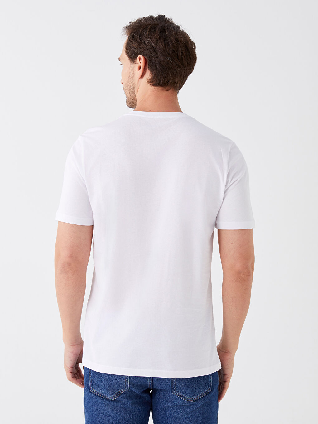 Beyaz V Yaka Kısa Kollu Penye Erkek Tişört-4