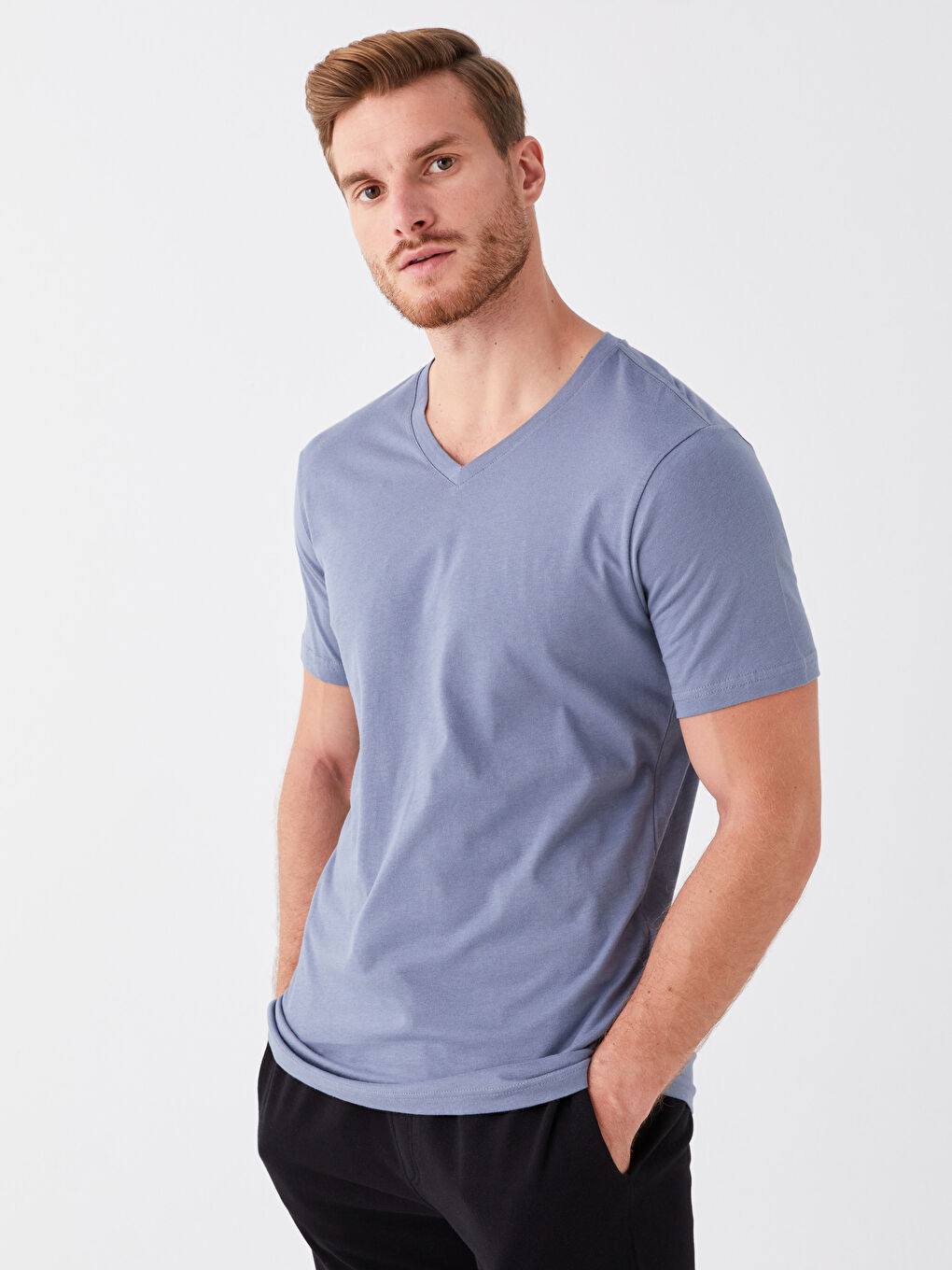 İndigo V Yaka Kısa Kollu Penye Erkek Tişört