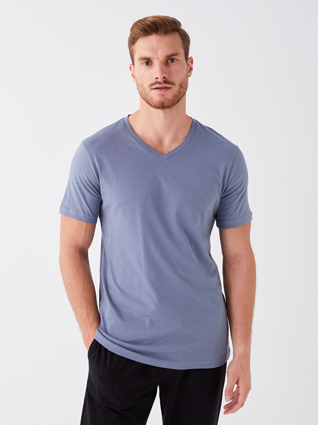 İndigo V Yaka Kısa Kollu Penye Erkek Tişört-1