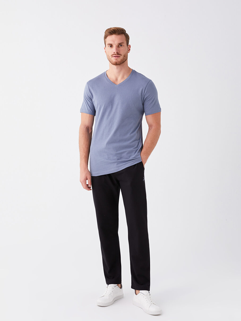 İndigo V Yaka Kısa Kollu Penye Erkek Tişört-2