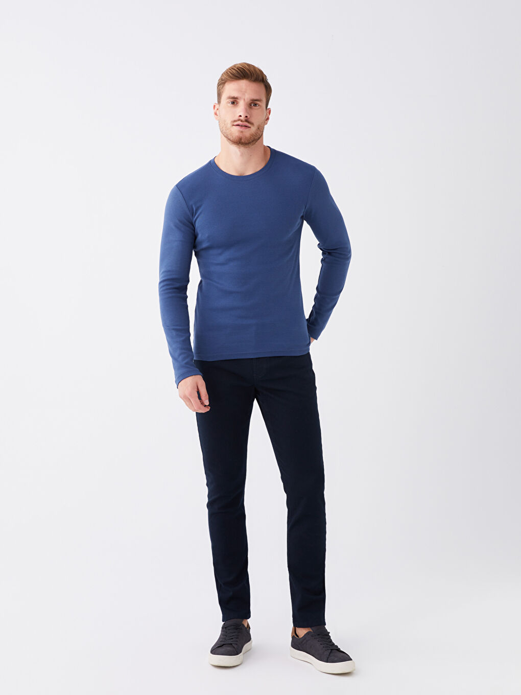 Mavi Bisiklet Yaka Uzun Kollu Penye Erkek Tişört-1