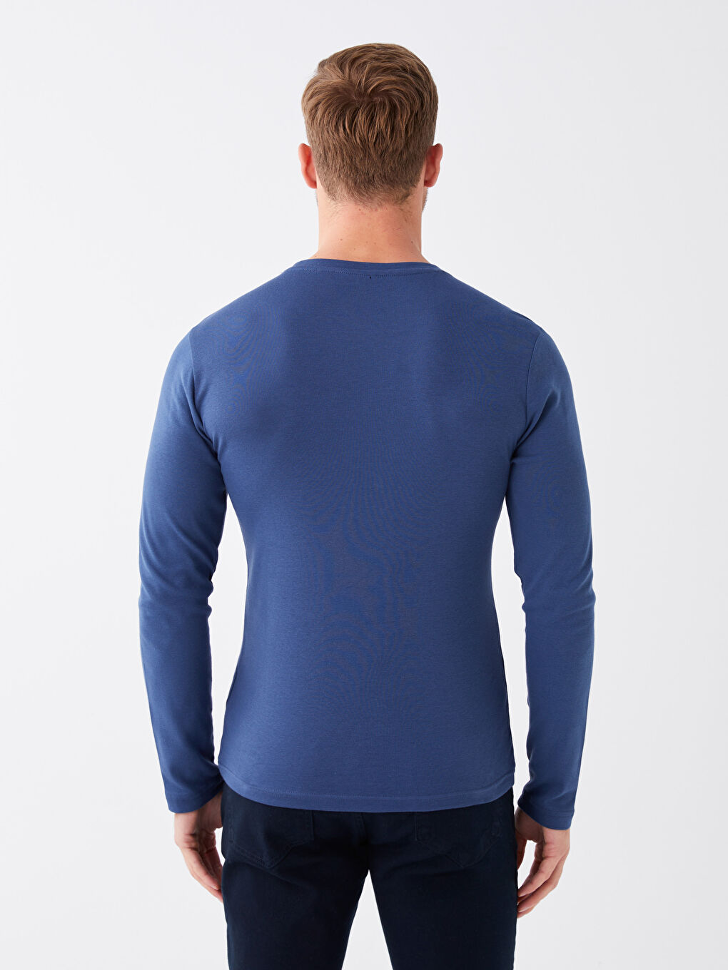 Mavi Bisiklet Yaka Uzun Kollu Penye Erkek Tişört-4