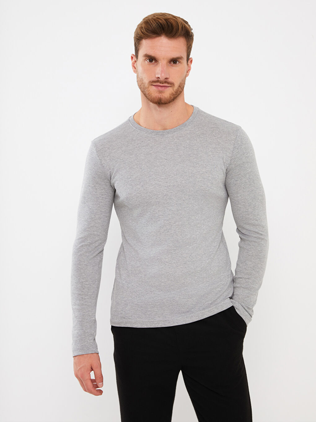 Gri Bisiklet Yaka Uzun Kollu Penye Erkek Tişört-1