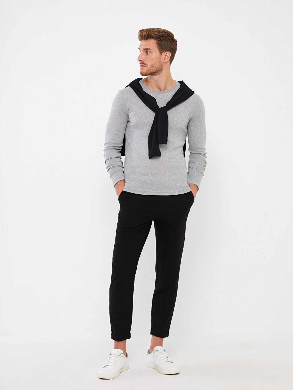 Gri Bisiklet Yaka Uzun Kollu Penye Erkek Tişört-2