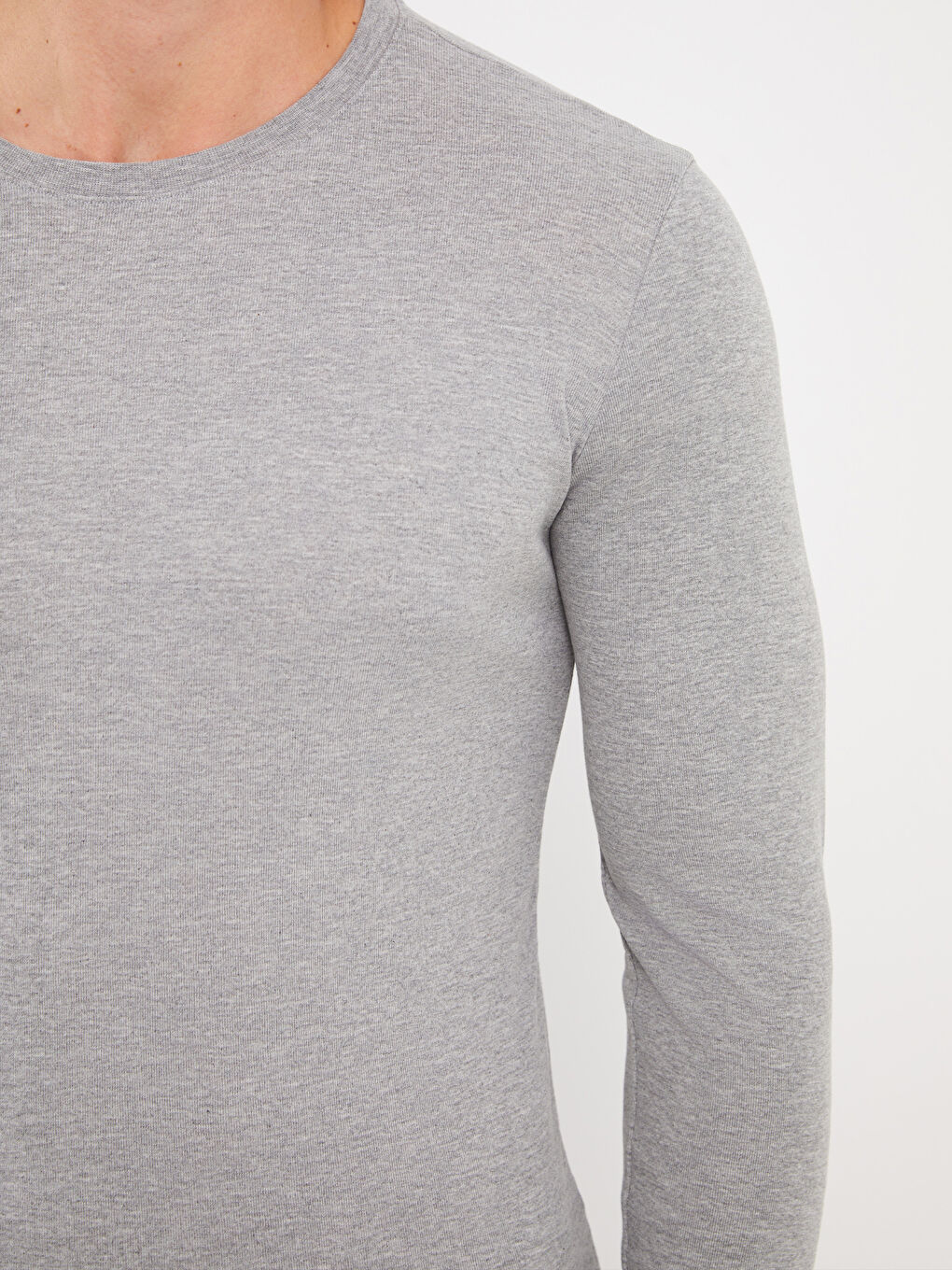 Gri Bisiklet Yaka Uzun Kollu Penye Erkek Tişört-3