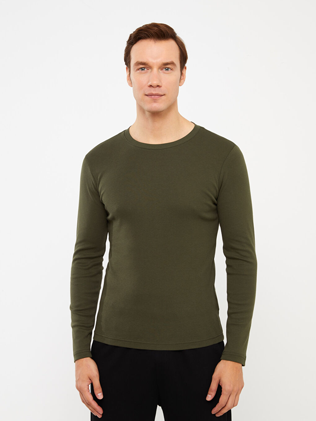 Haki Bisiklet Yaka Uzun Kollu Penye Erkek Tişört