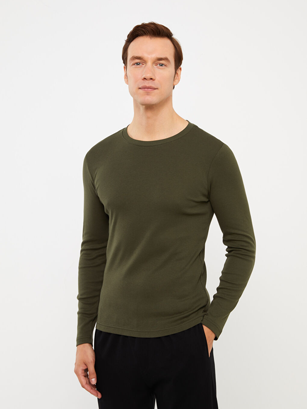 Haki Bisiklet Yaka Uzun Kollu Penye Erkek Tişört-1