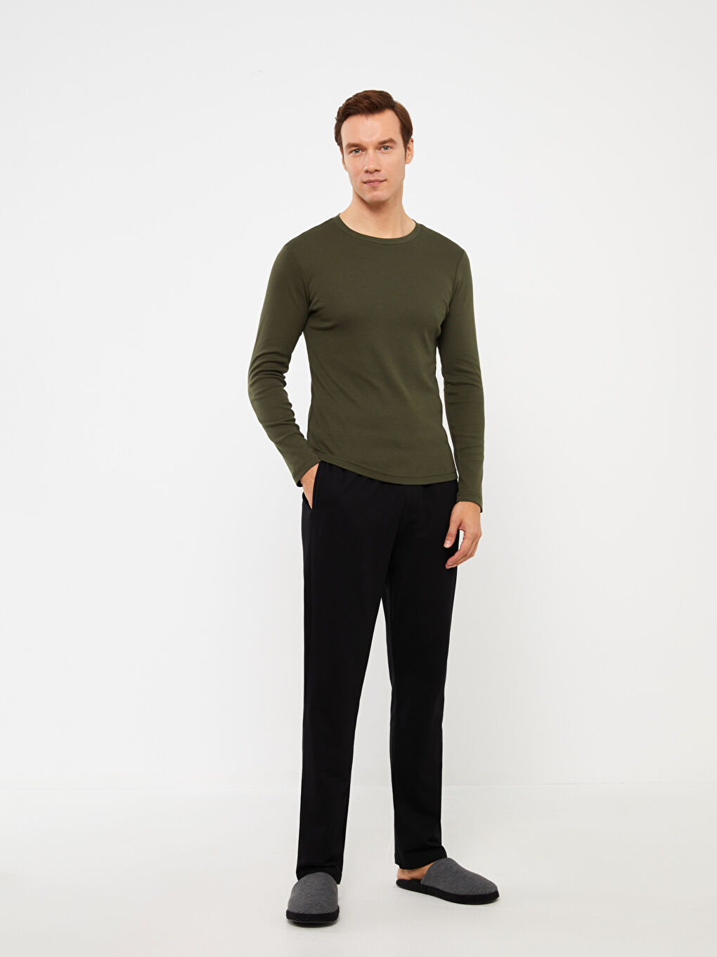 Haki Bisiklet Yaka Uzun Kollu Penye Erkek Tişört-2