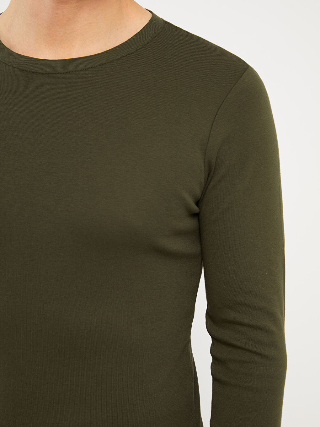 Haki Bisiklet Yaka Uzun Kollu Penye Erkek Tişört-3