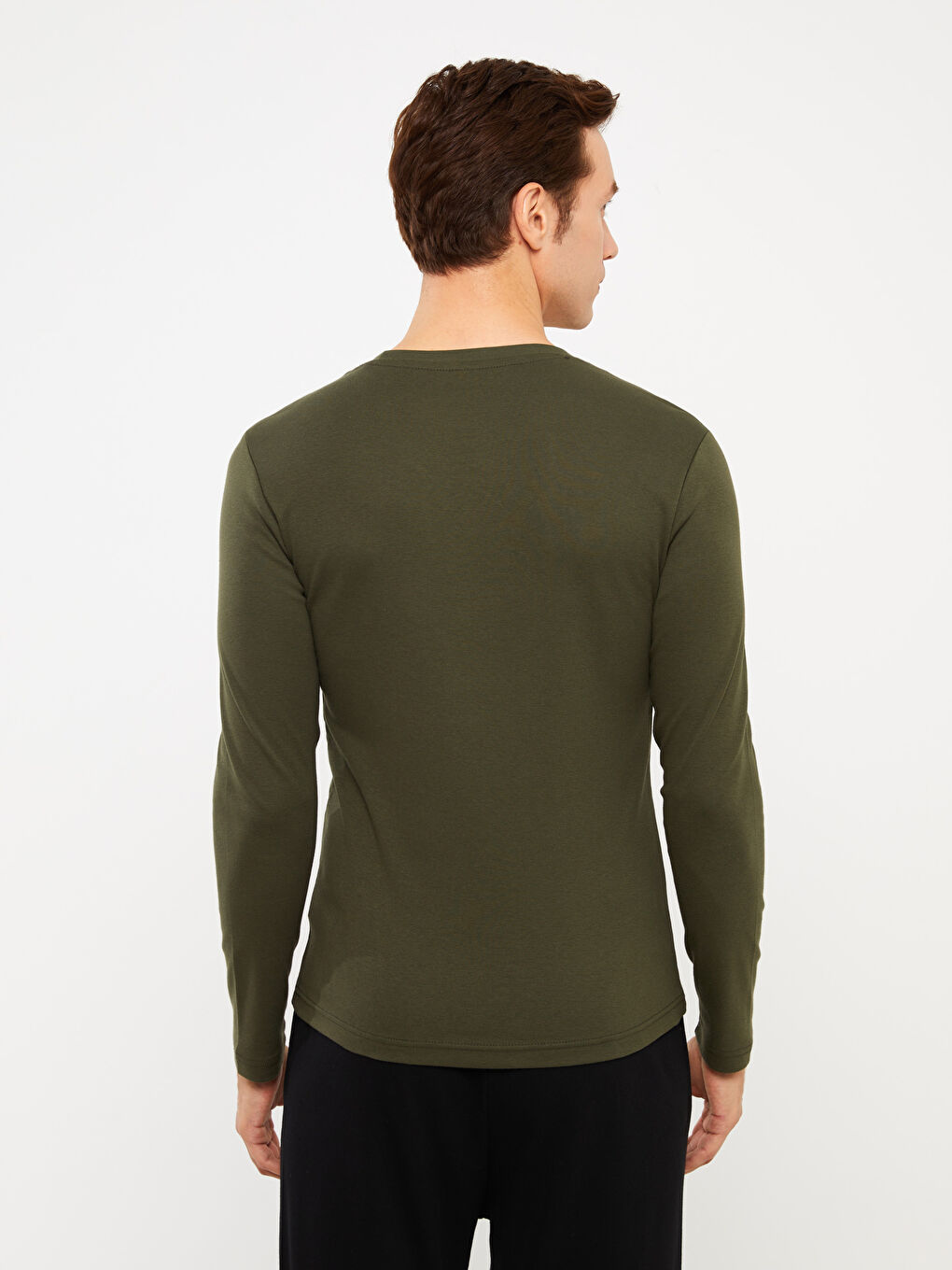 Haki Bisiklet Yaka Uzun Kollu Penye Erkek Tişört-4