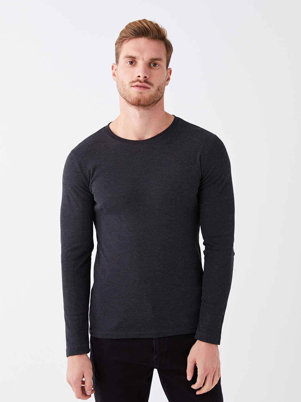 Antrasit Bisiklet Yaka Uzun Kollu Penye Erkek Tişört