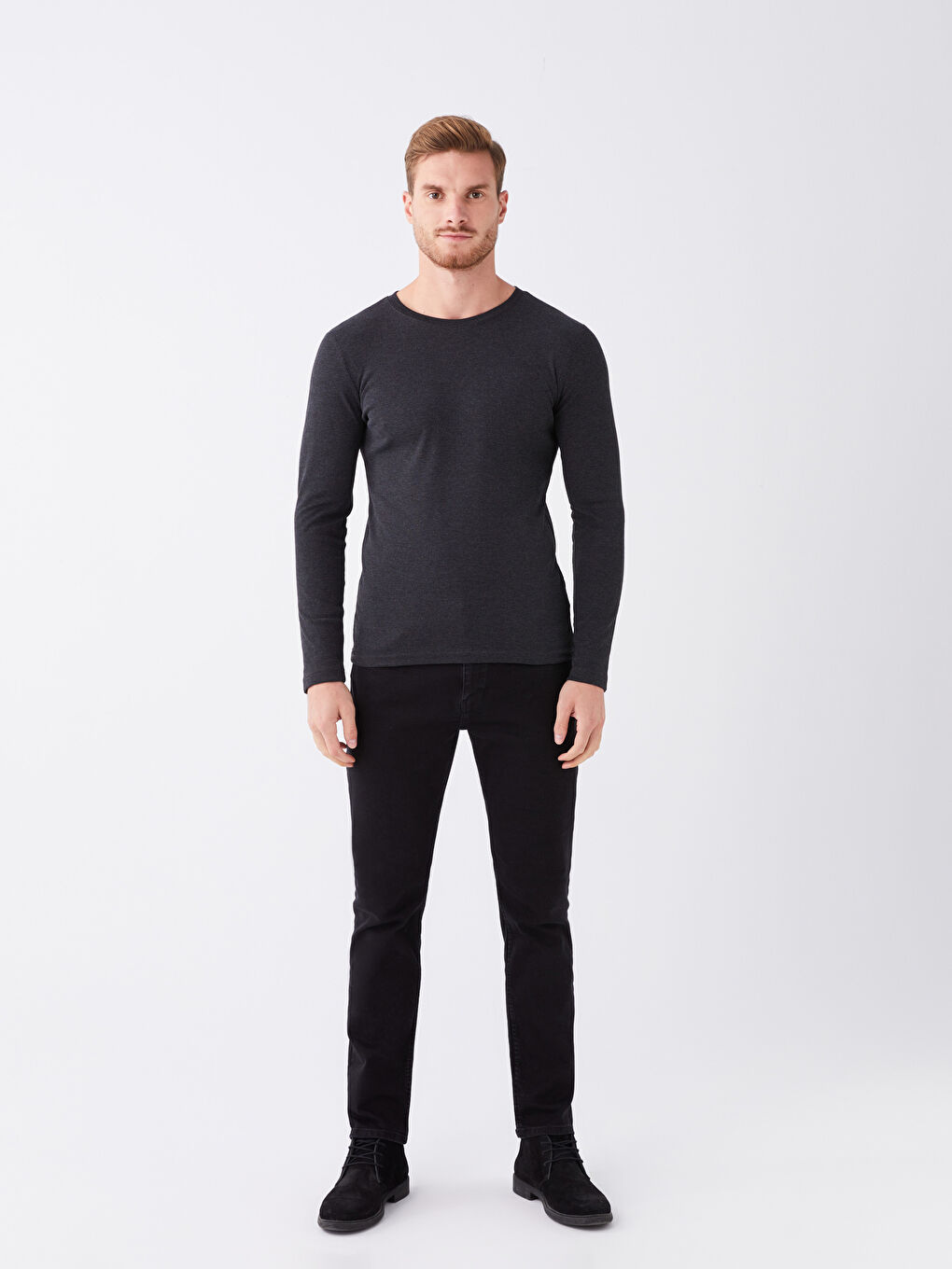 Antrasit Bisiklet Yaka Uzun Kollu Penye Erkek Tişört-1