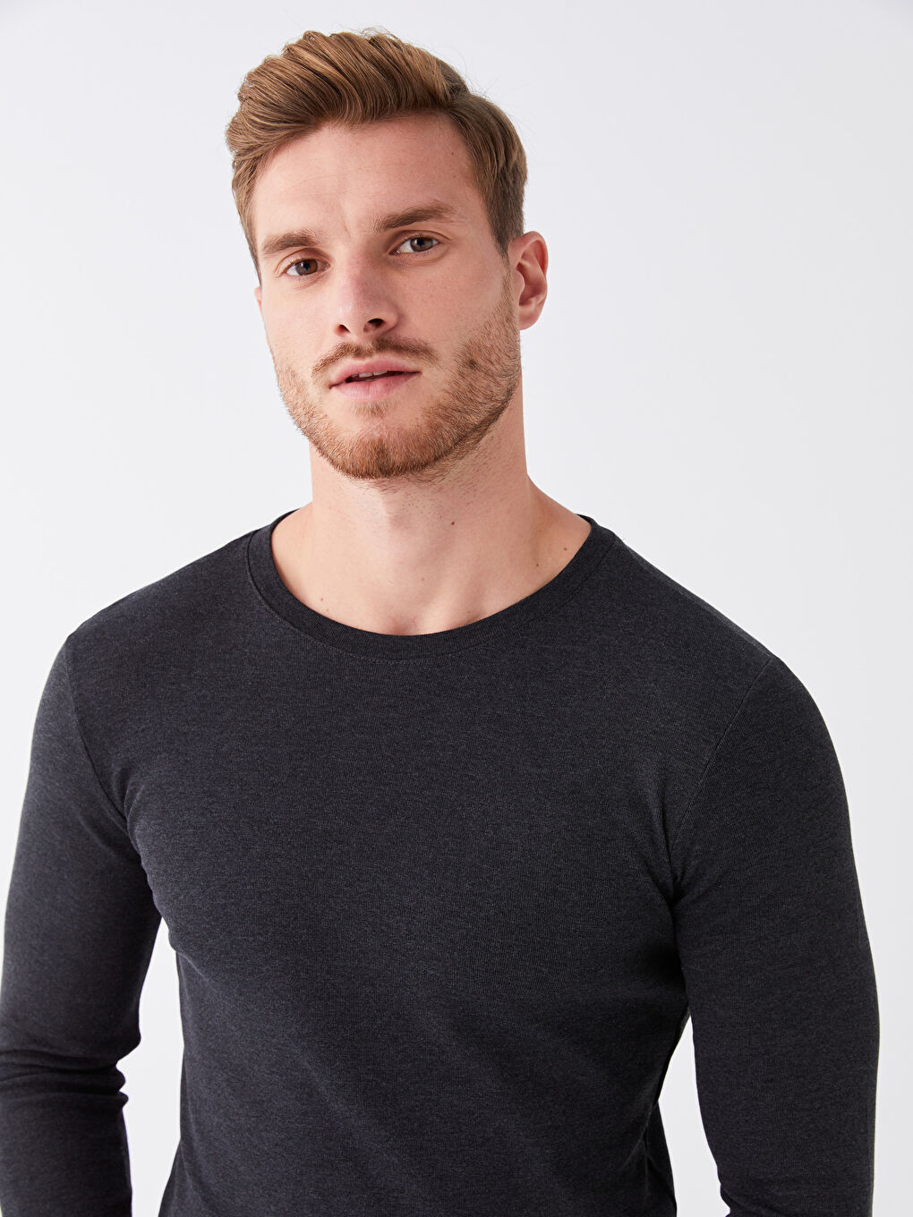 Antrasit Bisiklet Yaka Uzun Kollu Penye Erkek Tişört-2