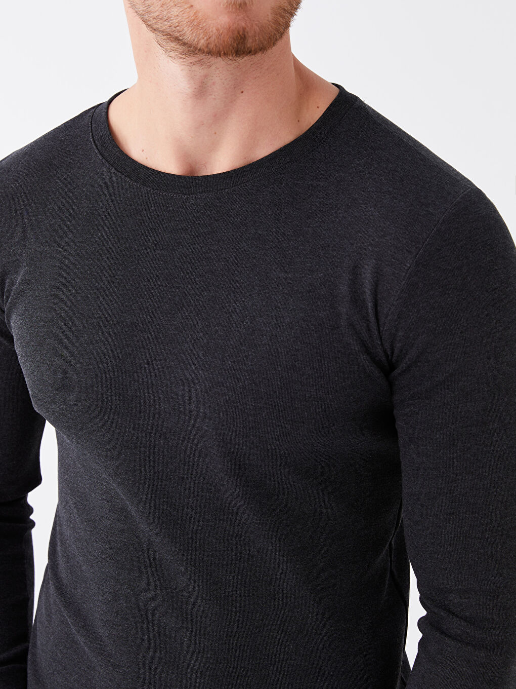 Antrasit Bisiklet Yaka Uzun Kollu Penye Erkek Tişört-3