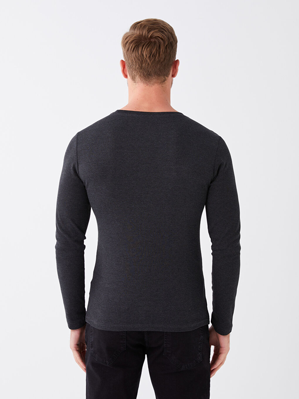 Antrasit Bisiklet Yaka Uzun Kollu Penye Erkek Tişört-4