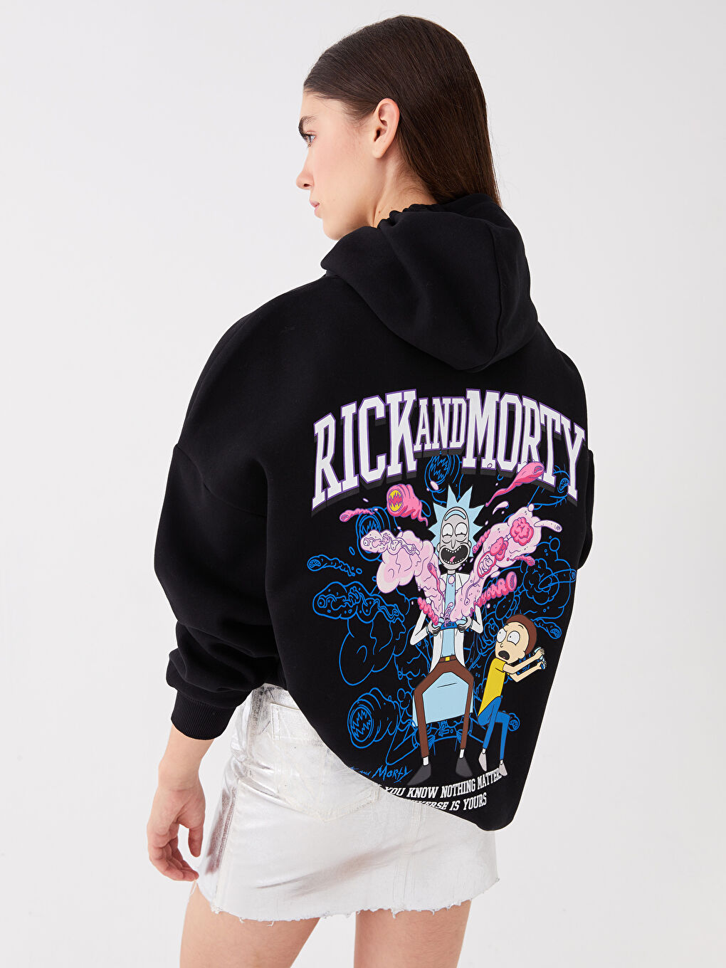 XSIDE Yeni Siyah Rick and Morty Baskılı Uzun Kollu Oversize Kadın Hoodie