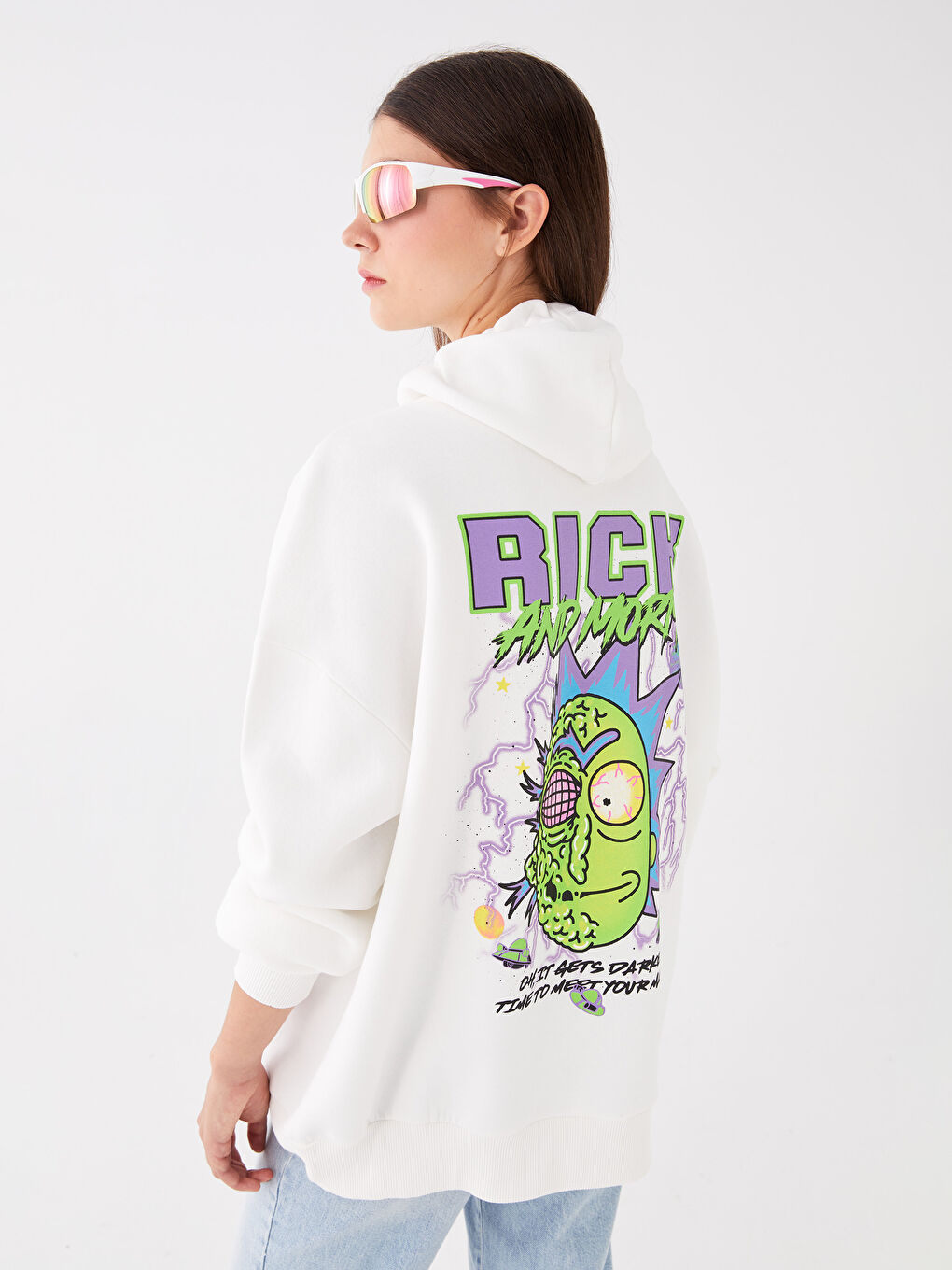 XSIDE Ekru Rick and Morty Baskılı Uzun Kollu Oversize Kadın Hoodie