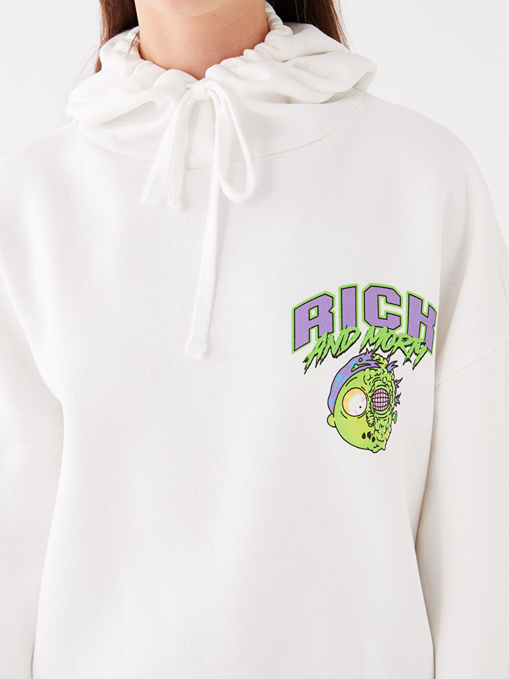 XSIDE Ekru Rick and Morty Baskılı Uzun Kollu Oversize Kadın Hoodie - 3