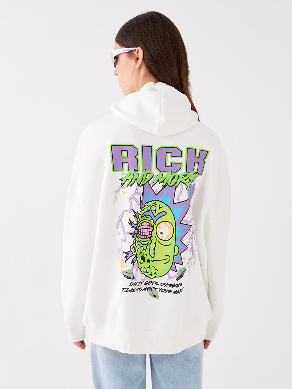 XSIDE Ekru Rick and Morty Baskılı Oversize Kadın Kalın Hoodie - 4