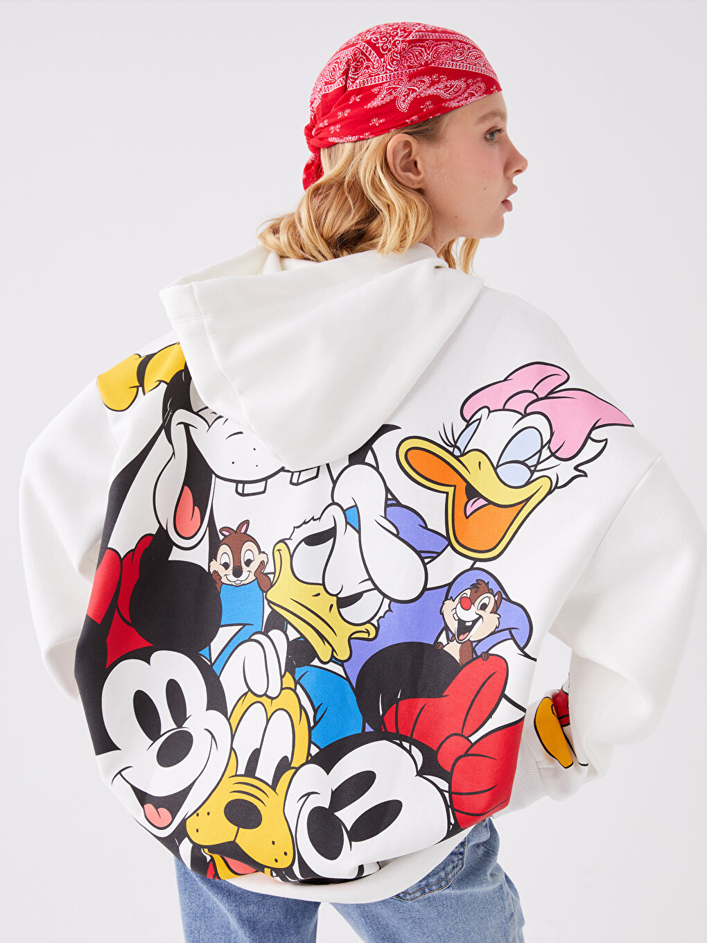 XSIDE Ekru Mickey Mouse Baskılı Oversize Kadın Kalın Hoodie