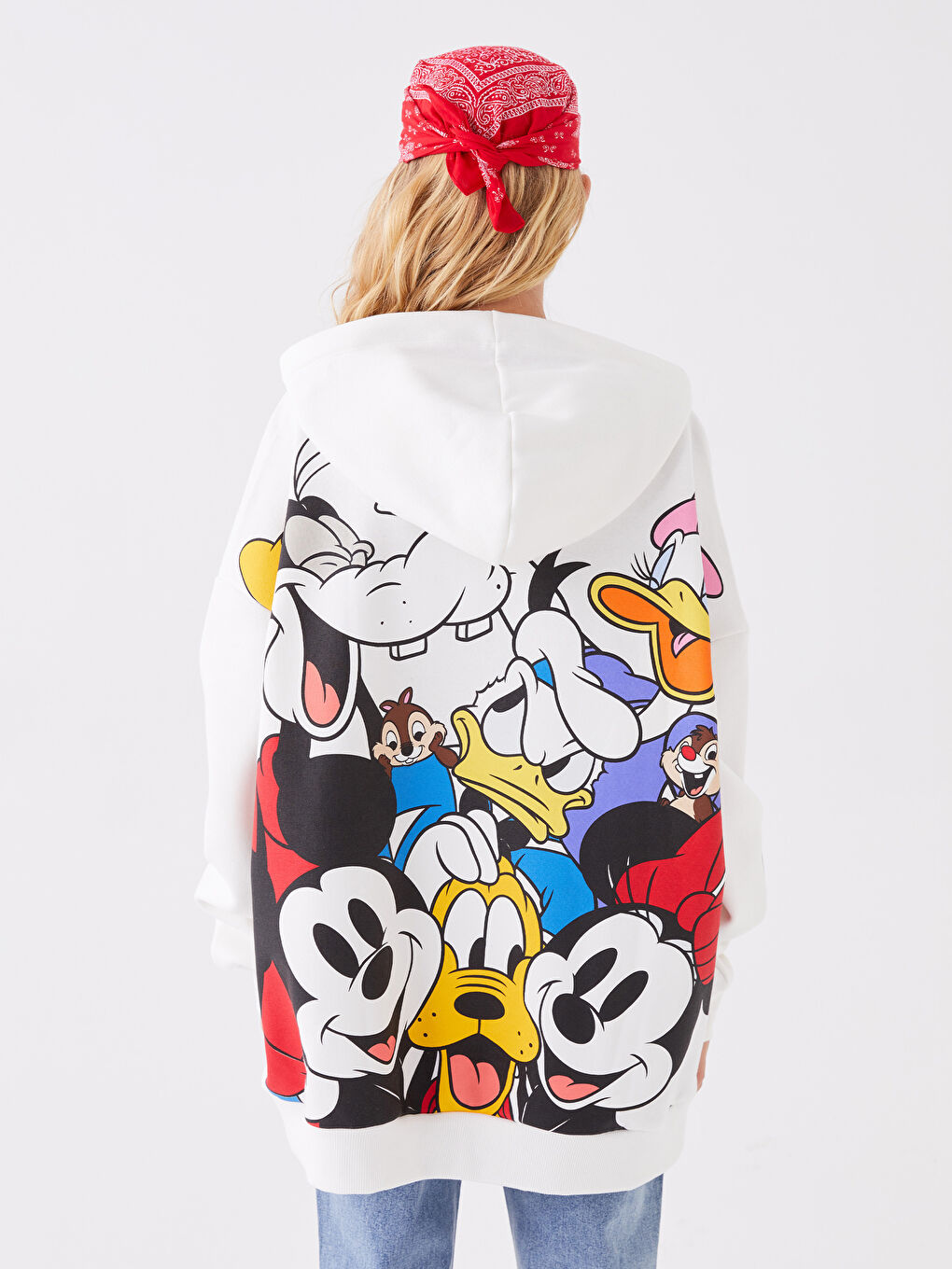 XSIDE Ekru Mickey Mouse Baskılı Oversize Kadın Kalın Hoodie - 4