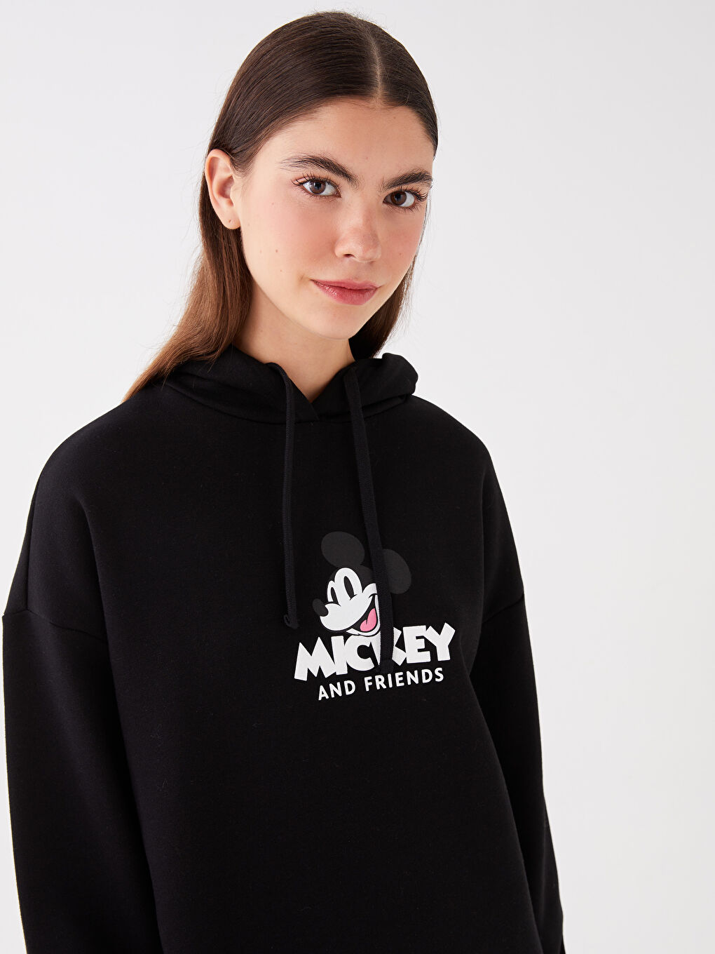 XSIDE Yeni Siyah Mickey ve Arkadaşları Baskılı Oversize Kadın Kalın Hoodie - 1