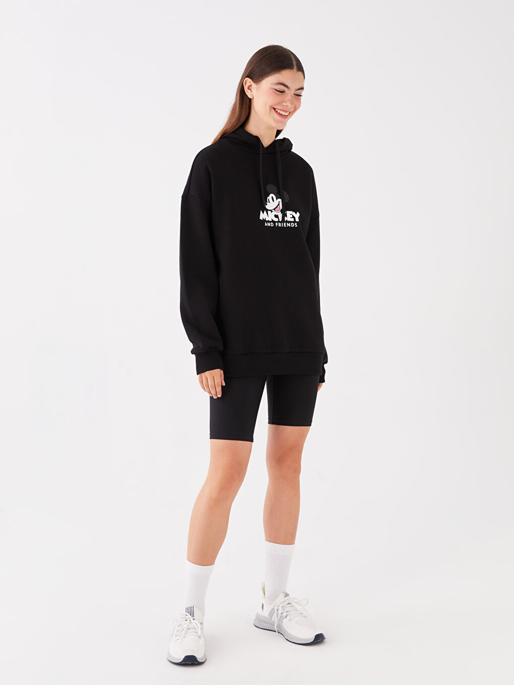 XSIDE Yeni Siyah Mickey ve Arkadaşları Baskılı Oversize Kadın Kalın Hoodie - 2