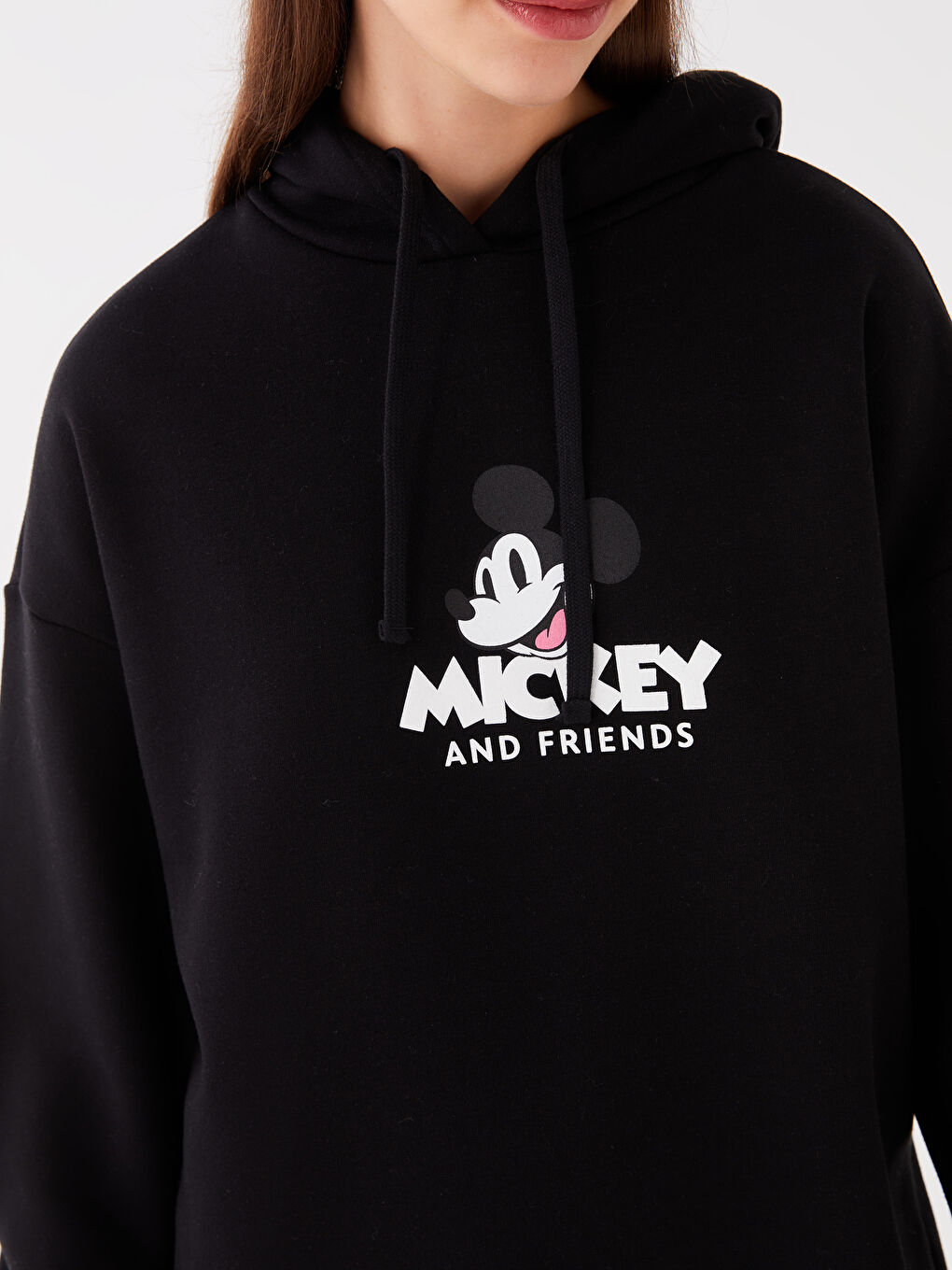 XSIDE Yeni Siyah Mickey ve Arkadaşları Baskılı Oversize Kadın Kalın Hoodie - 3