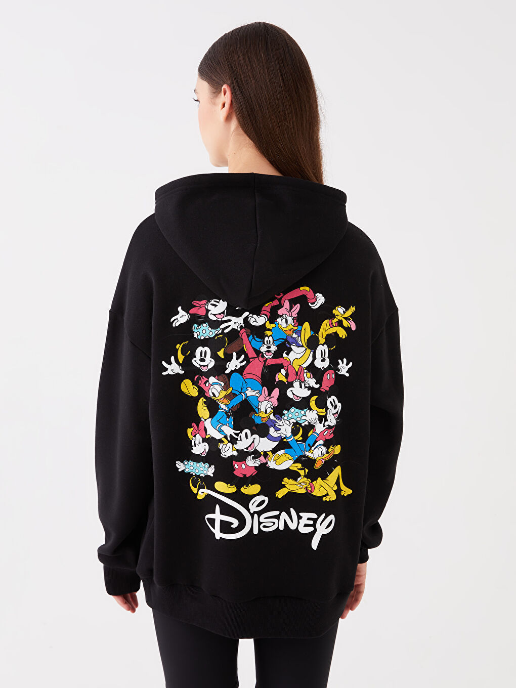 XSIDE Yeni Siyah Mickey ve Arkadaşları Baskılı Oversize Kadın Kalın Hoodie - 4