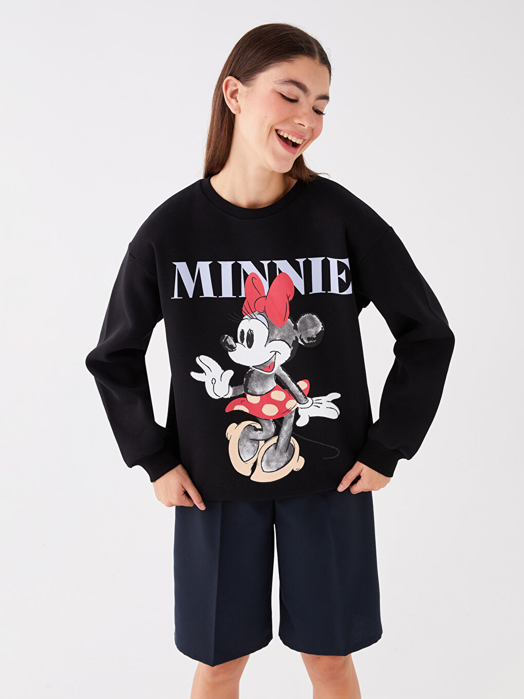 XSIDE Yeni Siyah Bisiklet Yaka Minnie Mouse Baskılı Uzun Kollu Kadın Sweatshirt