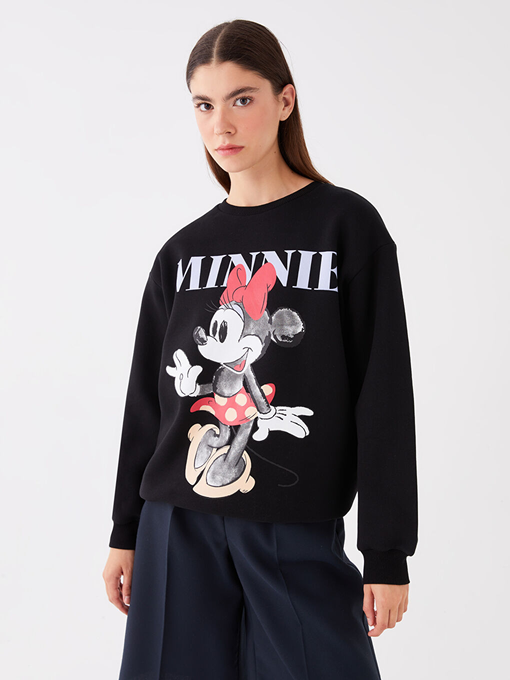 XSIDE Yeni Siyah Bisiklet Yaka Minnie Mouse Baskılı Kadın Kalın Sweatshirt - 1